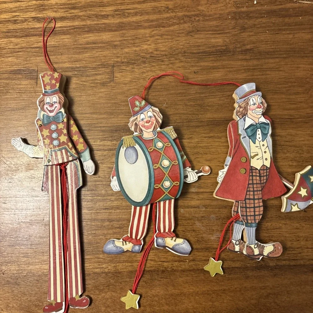 Vtg‎ New Kurt Adler Clown Wooden Pull String Christmas Ornament Clowns -Set Of 3